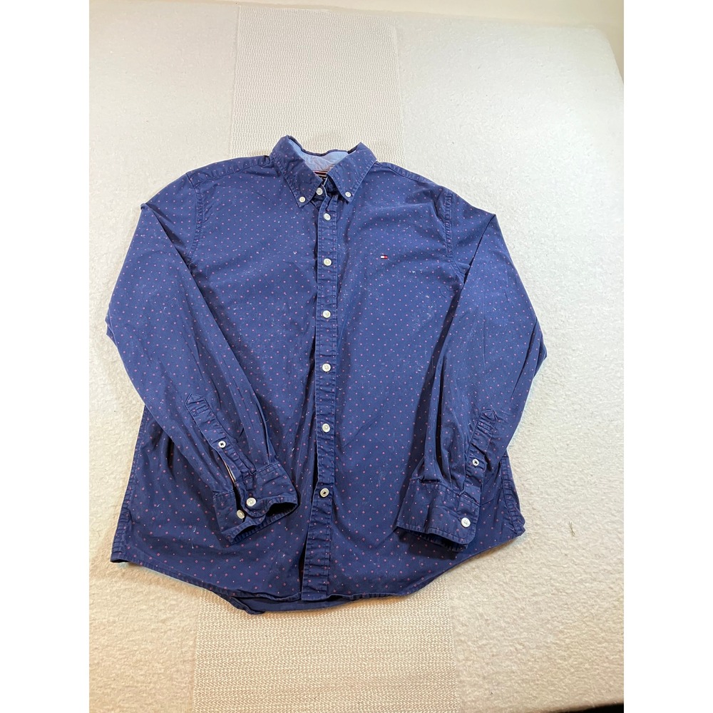 Tommy Hilfiger Mens Navy Blue Red Micro Dot Button Up Shirt Size M Long Sleeve